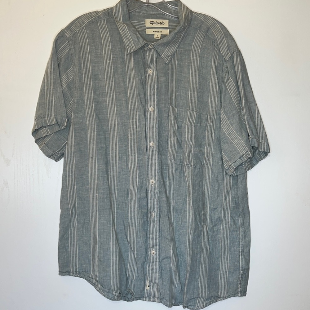 Madewell Linen Button Down Mens Size L NWOT Green Cream Stripes